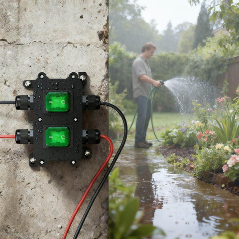 IP65 Waterproof Dual Light Switch Box Built To Endure Outdoors For 12V To 24V Systems, 30A DPST Toggle Switch, Four PG9 Cable Glands