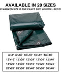 8x10 Feet Waterproof Green Tarp 8 Mil Thick Multipurpose Protective Cover with marked available sizes and heat sealed edges