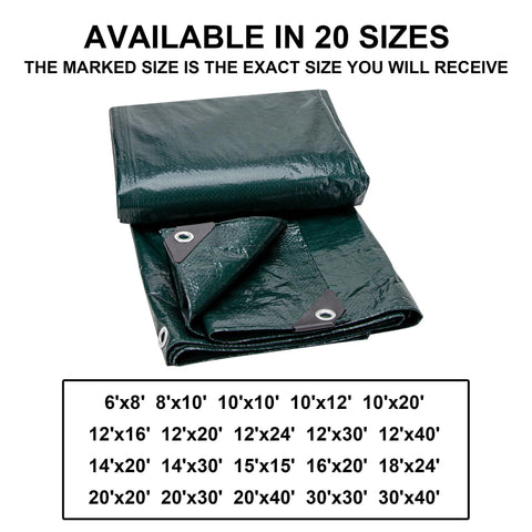 8x10 Feet Waterproof Green Tarp 8 Mil Thick Multipurpose Protective Cover with marked available sizes and heat sealed edges