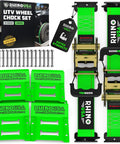 Heavy Duty Wheel Chock Tie Down Kit With 4500 Pound Break Strength Includes 2 Wheel Chocks And 4 Ratchet Straps For E Track System For ATV UTV Lawn Mower And Trailer Green Rhino USA