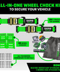 Heavy Duty Wheel Chock Tie Down Kit With 4500 Pound Break Strength Includes 2 Wheel Chocks And 4 Ratchet Straps For E Track System For ATV UTV Lawn Mower And Trailer Green Rhino USA with storage bag and stickers