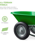 Dual Wheel Home Utility Yard Wheelbarrow Garden Cart with Built In Stand showing 14 inch all-terrain wheels
