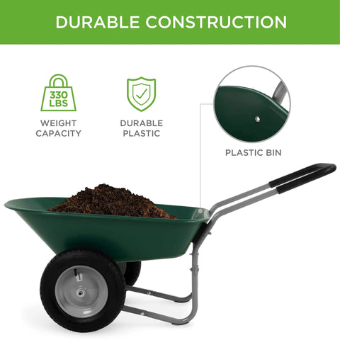 Dual Wheel Home Utility Yard Wheelbarrow Garden Cart with Built In Stand 5 Cubic Foot Capacity 330 lb Load Green with dirt in bin