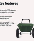 3.7 Cubic Feet Garden Wheelbarrow with 330 Pound Capacity, Lightweight Steel Frame and Plastic Tub, Inflatable Rubber Wheel. Key features.