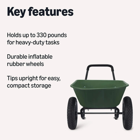3.7 Cubic Feet Garden Wheelbarrow with 330 Pound Capacity, Lightweight Steel Frame and Plastic Tub, Inflatable Rubber Wheel. Key features.
