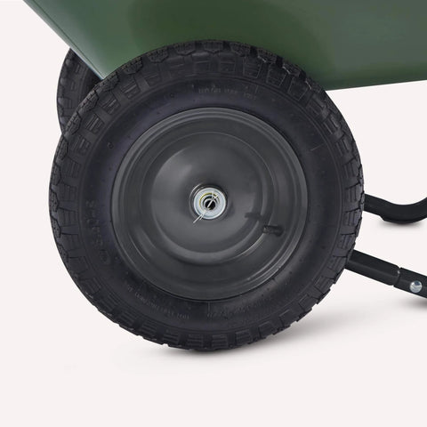 Close-up of inflatable rubber wheel on the 3.7 Cubic Feet Garden Wheelbarrow with 330 Pound Capacity, featuring tread design.