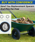 13" flat-free solid tire and wheel, with 5/8" axle bore hole, 2.2" offset hub, replacement 4.00-6 wheelbarrow tire on a green wheelbarrow