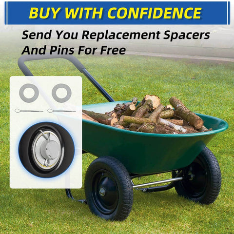 13" flat-free solid tire and wheel, with 5/8" axle bore hole, 2.2" offset hub, replacement 4.00-6 wheelbarrow tire on a green wheelbarrow