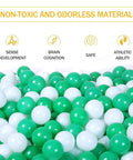 Green Ball Pit Balls - Crush Proof Plastic Balls for Ball Pit Pack of 100pcs Set in white and green, shown in close-up pile with safety features highlighted.