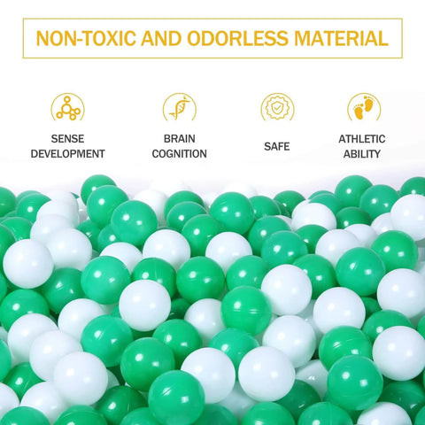 Green Ball Pit Balls - Crush Proof Plastic Balls for Ball Pit Pack of 100pcs Set in white and green, shown in close-up pile with safety features highlighted.