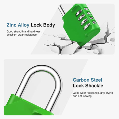 4 Digit Resettable Waterproof Padlock For Outdoor Use With Ten Thousand Possible Combinations Ideal For Gym Lockers Toolboxes Gates Fences Storage Sports Lockers And Cabinets In Green Weather Resistant And Easy To Set showing zinc alloy body and carbon steel shackle