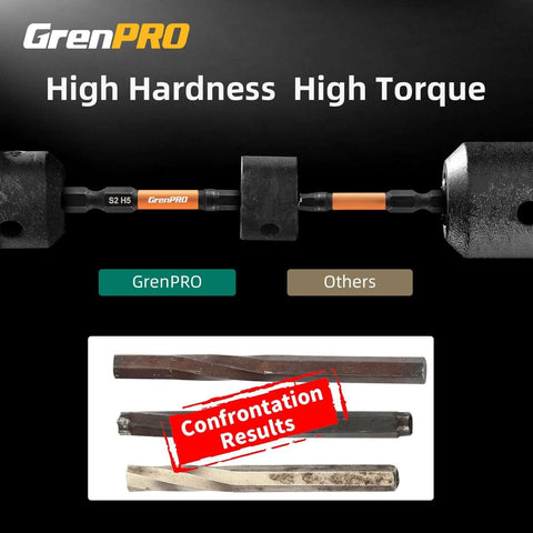 22 Piece Magnetic Hex Bit Set comparison showing GrenPRO S2 steel bit versus competitors for durability and strength.