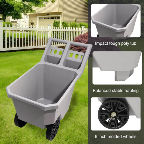 2 Wheel Wheelbarrow 300 LB Capacity Heavy Duty Yard Cart with 9 Inch Solid Tires and Grey Plastic Tub in garden