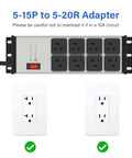 Grey Heavy Duty Power Strip Surge Protector 20 Amp With Eight Outlets 12 Gauge, 5-15P to 5-20R Adapter, wall mount in view.