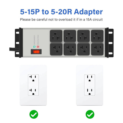 Grey Heavy Duty Power Strip Surge Protector 20 Amp With Eight Outlets 12 Gauge, 5-15P to 5-20R Adapter, wall mount in view.