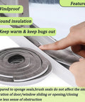 Thick Self Adhesive Brush Weather Stripping For Windows And Doors 0.9 Inch Brush Height By 0.4 Inch Backing Width 33 Feet Length Grey Sliding Seal Strip Window Felt Dust Stopper Draft Blocker Insulation And Winter Weatherproofing shown installed on window with hand adjusting seal.