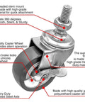 2 Inch Grey Caster Wheel Threaded Stem Mount 3/8 To 1.2 Inch, Dual Locking Brake, 360 Degree Swivel, Polyurethane Wheel