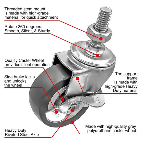2 Inch Grey Caster Wheel Threaded Stem Mount 3/8 To 1.2 Inch, Dual Locking Brake, 360 Degree Swivel, Polyurethane Wheel