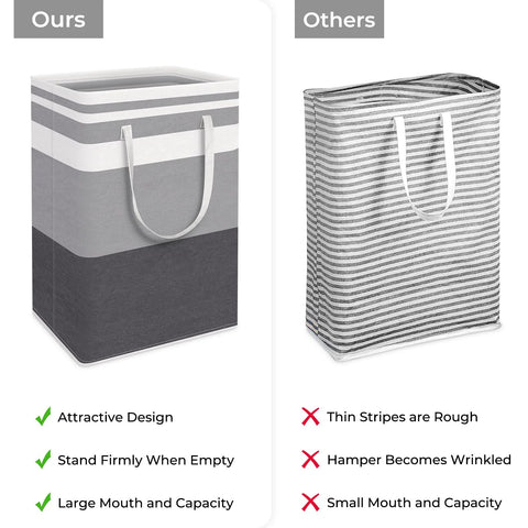 Comparison of Two Pack Large Waterproof Freestanding Collapsible Laundry Hampers With Reinforced Handles 75 Liter Each and another hamper.