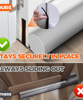 Comparison of door draft stopper and sweep, highlighting secure fit and foam seal for energy saving, bottom view of white door.