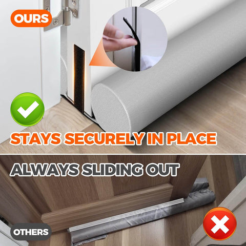 Comparison of door draft stopper and sweep, highlighting secure fit and foam seal for energy saving, bottom view of white door.