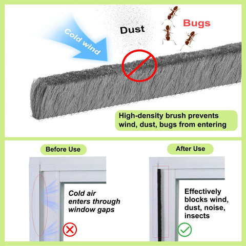 Thick Self Adhesive Brush Weather Stripping For Windows And Doors 0.9 Inch Brush Height By 0.4 Inch Backing Width 33 Feet Length Grey
