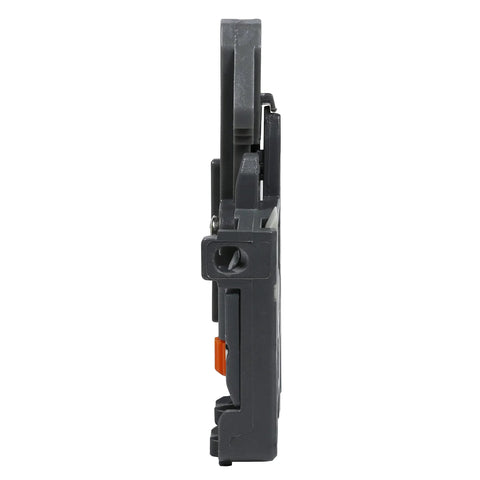 Side view of Pair Of Undermount Drawer Slide Front Plastic Locking Devices In Grey With Screws Included For Easy Installation And Adjustment.