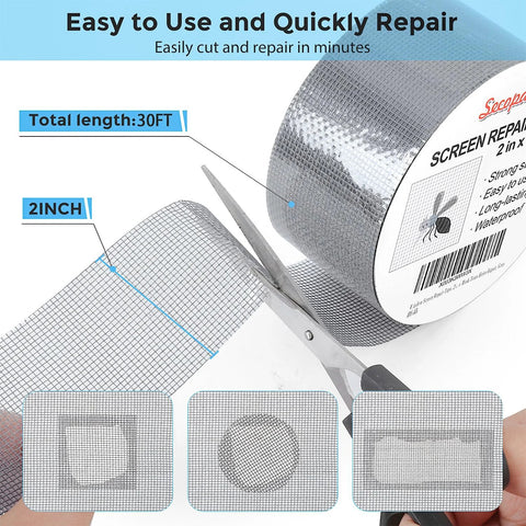 Cutting Grey Window Screen Repair Tape 2 Inch By 30 Foot Roll with scissors showing fiberglass mesh texture and product label.