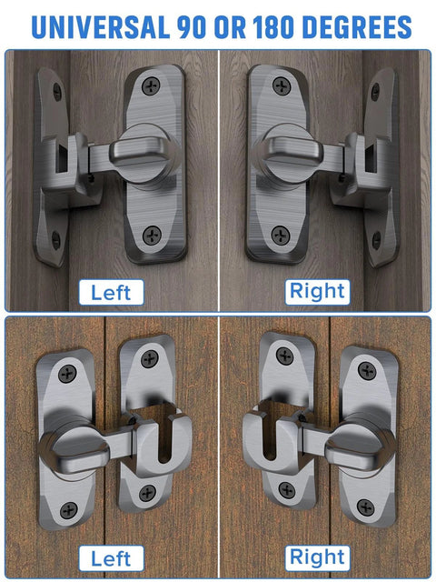 90 And 180 Degree Flip Barn Door Lock 2 In 1 Privacy Security Sliding Latch mounted on wooden door, grey finish