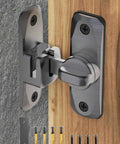 90 And 180 Degree Flip Barn Door Lock 2 In 1 Privacy Security Sliding Latch installed on wooden and stone surface with screws