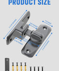 90 And 180 Degree Flip Barn Door Lock 2 In 1 Privacy Security Sliding Latch in grey, shown with dimensions and screws.