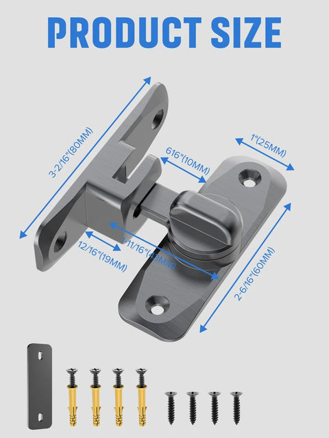 90 And 180 Degree Flip Barn Door Lock 2 In 1 Privacy Security Sliding Latch in grey, shown with dimensions and screws.