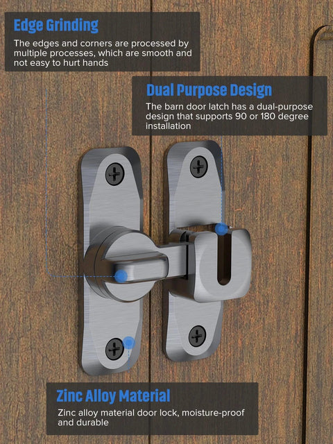 90 And 180 Degree Flip Barn Door Lock 2 In 1 Privacy Security Sliding Latch installed on wooden door