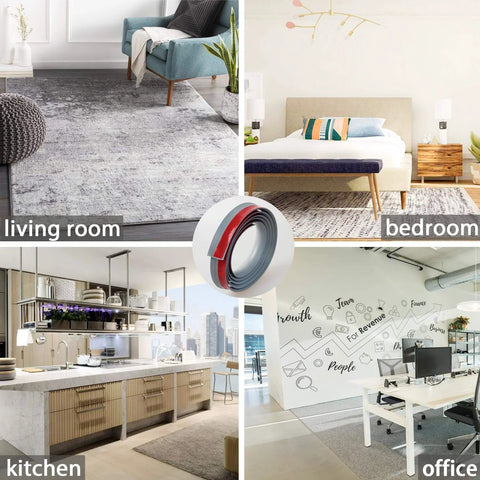 Collage of living room, bedroom, kitchen, and office with Trimold Carpet to Tile Floor Transition Strip, Grey Self-Adhesive Threshold Edging Trim.