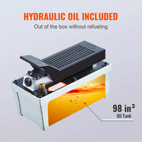 Air Hydraulic Pump, 10,000 PSI 1/2 Gal Reservoir, NPT 3/8" Oil Outlet, NPT 1/4" Inlet, 6.6 ft Pipe, Foot Actuated Hydraulic Pump Air Treadle, Grey, with hydraulic oil included.