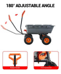 Heavy Duty Garden Dump Cart For Outdoors 800 Lb Capacity With Quick Release Dump And 10 Inch Flat Free All Terrain Wheels Utility Wagon For Soil Mulch Plants And Tools Grey, showing side view with adjustable handle and orange wheels.