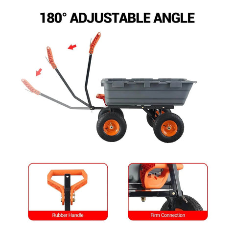Heavy Duty Garden Dump Cart For Outdoors 800 Lb Capacity With Quick Release Dump And 10 Inch Flat Free All Terrain Wheels Utility Wagon For Soil Mulch Plants And Tools Grey, showing side view with adjustable handle and orange wheels.