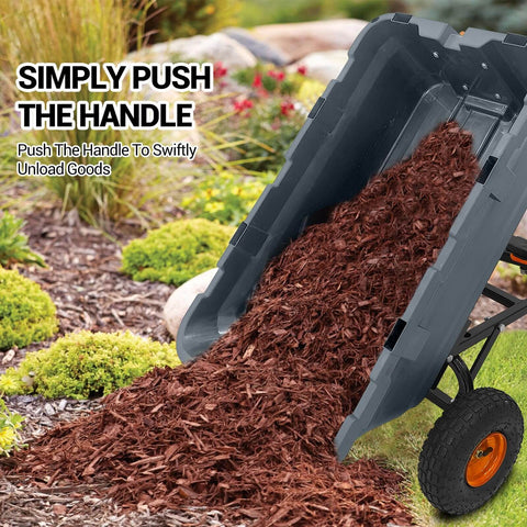 Heavy Duty Garden Dump Cart For Outdoors 800 Lb Capacity With Quick Release Dump And 10 Inch Flat Free All Terrain Wheels Utility Wagon spilling mulch