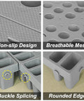 Close-up of 6 Pack Grey Plastic Pallets With Interlocking Design And Breathable Grid For Airflow, Lightweight Waterproof HDPE Floor Pads