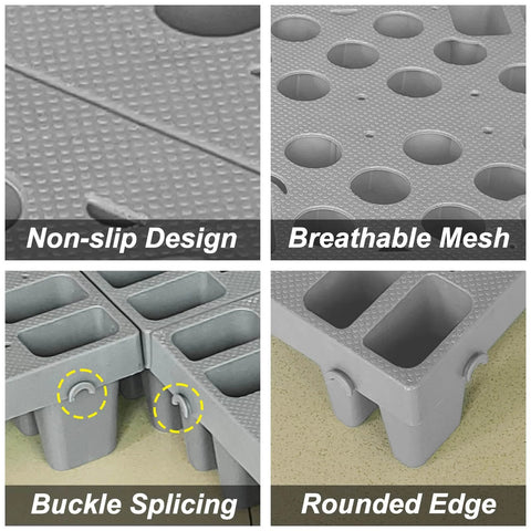 Close-up of 6 Pack Grey Plastic Pallets With Interlocking Design And Breathable Grid For Airflow, Lightweight Waterproof HDPE Floor Pads