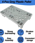 6 Pack Grey Plastic Pallets With Interlocking Design And Breathable Grid For Airflow, Lightweight Waterproof HDPE Floor Pads, front view