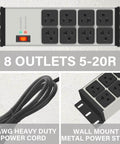 Grey Heavy Duty Power Strip Surge Protector 20 Amp with eight outlets, metal body, wall mount, shown with 12AWG 25 ft cord.