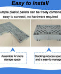 6 Pack Grey Plastic Pallets With Interlocking Design And Breathable Grid For Airflow shown stacked and arranged for storage.