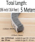 Close-up of grey Self-Adhesive Pile Weather Stripping Seal roll, showcasing dimensions and compatibility for sliding windows and door frames.