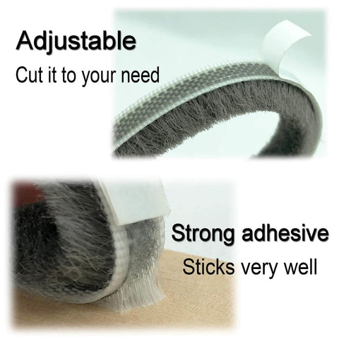 Close-up of self-adhesive pile weather stripping seal with strong adhesive, highlighting adjustability for sliding windows and door frames.