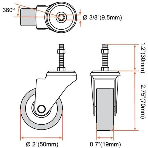 Technical diagram of Two Inch Grey Polyurethane Caster Wheels With 360 Degree Swivel Quiet No Noise And Non Marking 65 Lb Capacity Each