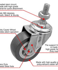 Two Inch Grey Polyurethane Caster Wheels With 360 Degree Swivel Quiet No Noise And Non Marking 65 Lb Capacity Each, showing threaded stem and steel axle