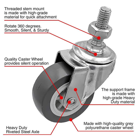 Two Inch Grey Polyurethane Caster Wheels With 360 Degree Swivel Quiet No Noise And Non Marking 65 Lb Capacity Each, showing threaded stem and steel axle
