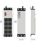Grey Heavy Duty Power Strip Surge Protector 20 Amp with eight outlets, 12 gauge extension, shown from front, side, and top view