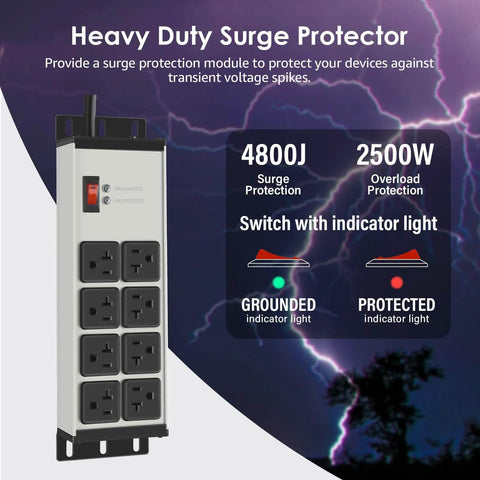 Grey Heavy Duty Power Strip Surge Protector 20 Amp With Eight Outlets, 4800J surge, 2500W overload protection, with indicator lights.